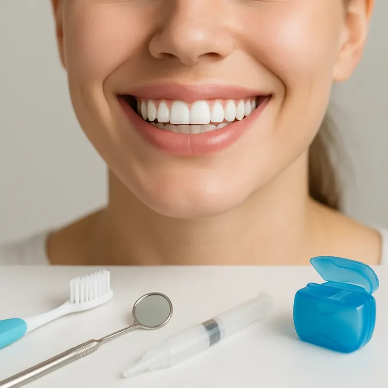 Sorriso saudável cercado por ferramentas de cuidados dentais, destacando elegância e saúde bucal. Clareador Dental Whiteness Perfect