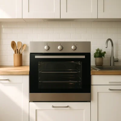 Cozinha com design moderno e um forno elétrico instalado, iluminada e organizada.