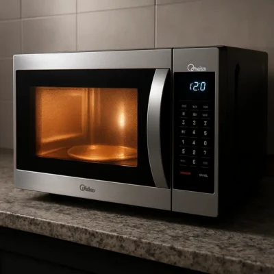 Forno Micro Ondas Midea em uma cozinha moderna, funcionando com painel digital iluminado.