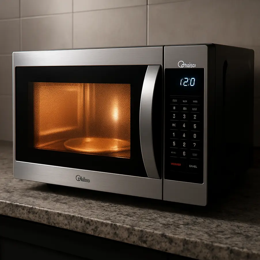 Forno Micro Ondas Midea em uma cozinha moderna, funcionando com painel digital iluminado.