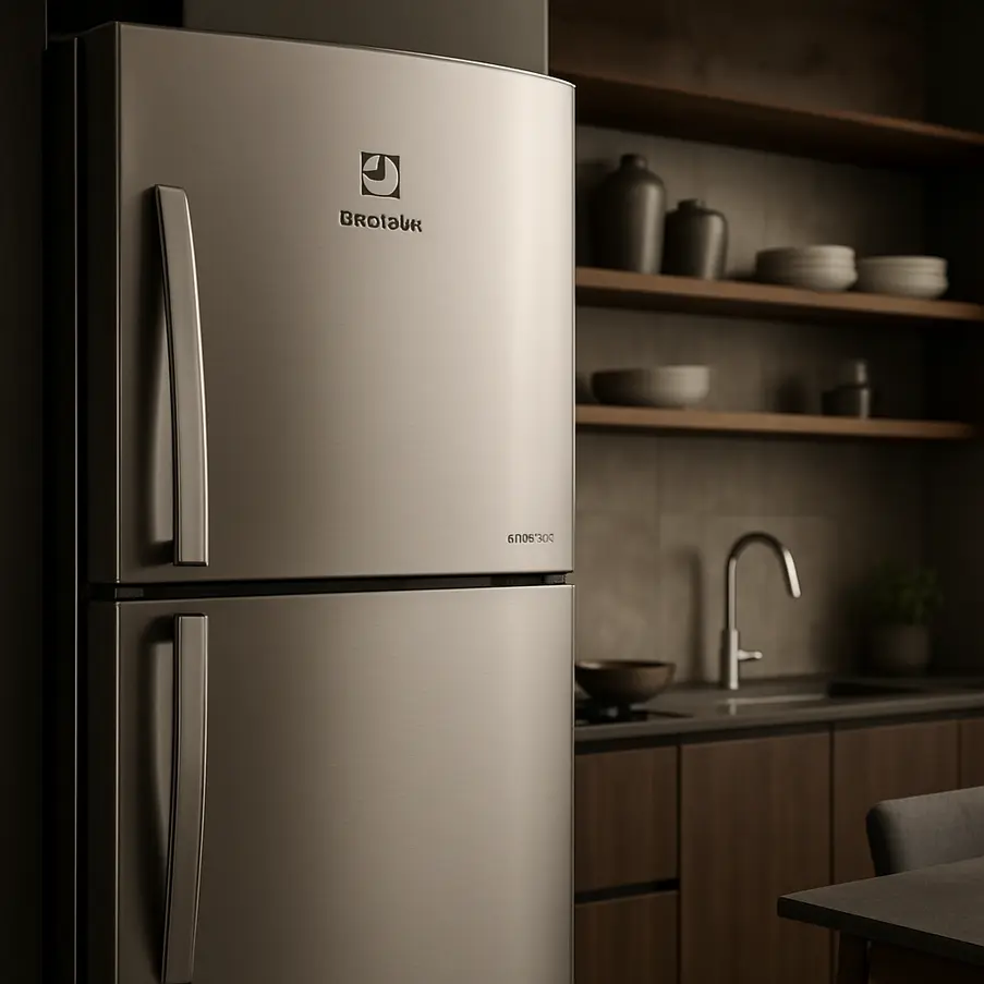 Geladeira Frost Free Electrolux em close, realçando seu design moderno e elegante.