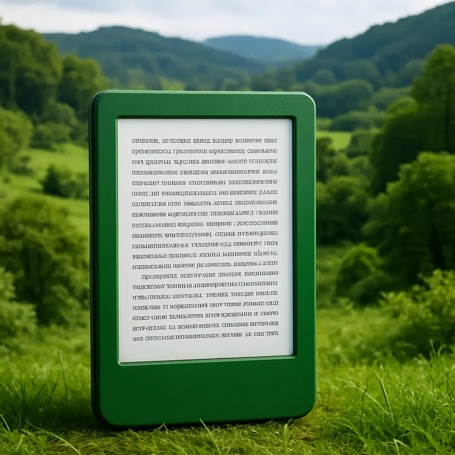 Um dispositivo Kindle Verde em frente a uma paisagem natural, simbolizando a sustentabilidade.
