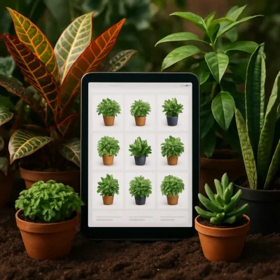 Uma variedade de plantas exposta na tela de um tablet. Loja online plantas em Campinas