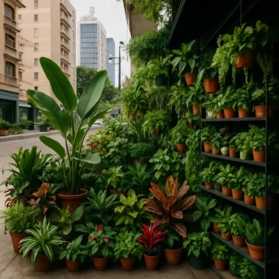 Espaço urbano com uma variedade de plantas vibrantes e saudáveis. Loja online plantas em São Paulo