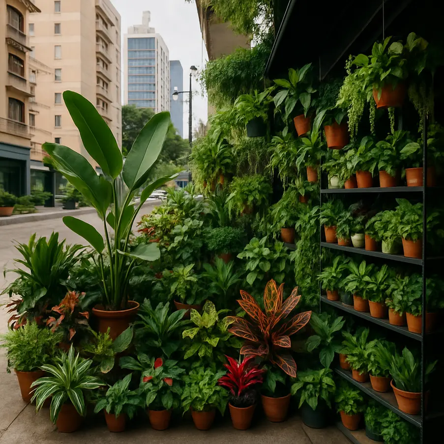Espaço urbano com uma variedade de plantas vibrantes e saudáveis. Loja online plantas em São Paulo