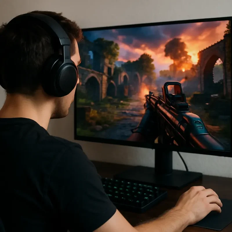 Gamer jogando em um monitor 144Hz, apreciando gráficos nítidos e fluidos.
