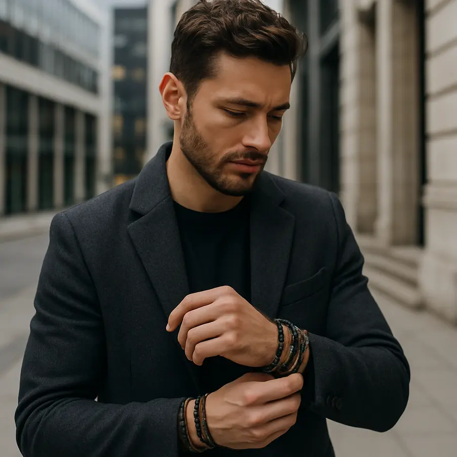 Homem moderno apresentando diferentes pulseiras em um cenário urbano estiloso. Pulseira Masculina