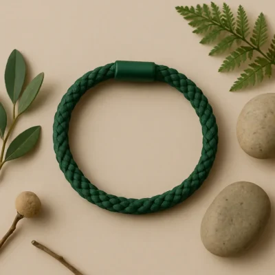 Uma pulseira verde com detalhes sustentáveis em destaque contra um fundo minimalista.