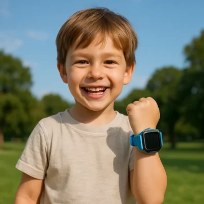 Menino sorrindo com relógio inteligente em ambiente externo. Relógio Infantil Inteligente