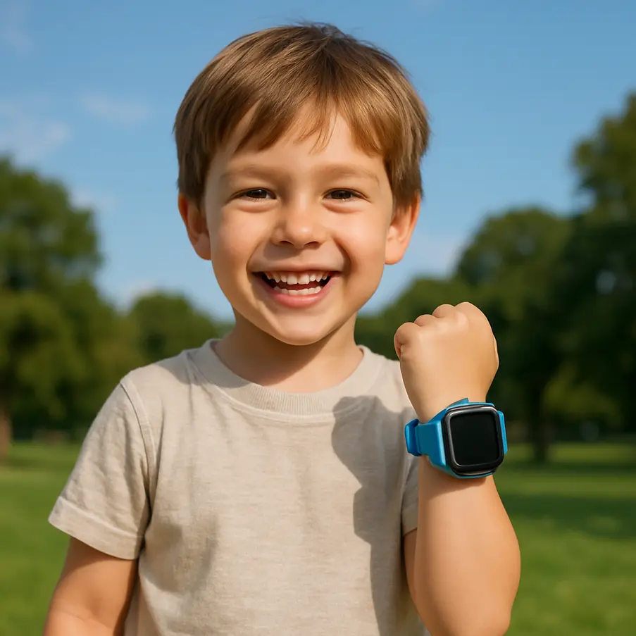 Menino sorrindo com relógio inteligente em ambiente externo. Relógio Infantil Inteligente