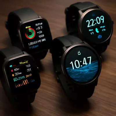Conjunto de relógios inteligentes em uma mesa com displays diversos. Relógio Inteligente Prova d'Água