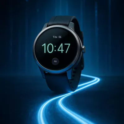 Cenário futurista destacando o Relógio Inteligente Motorola cercado por luzes de inovação.