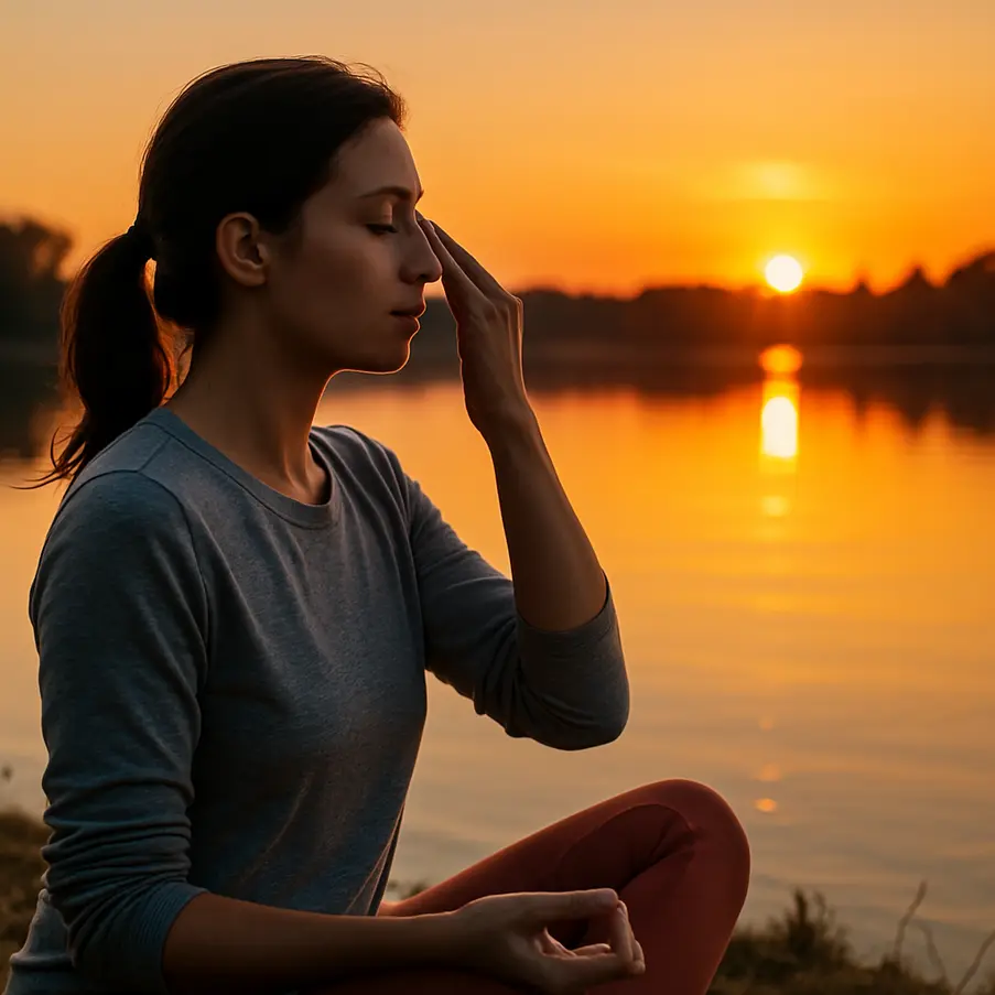 Pessoa meditando ao pôr do sol, aplicando o método de respiração 4-7-8. Exercícios Respiração 4-7-8 Ansiedade -