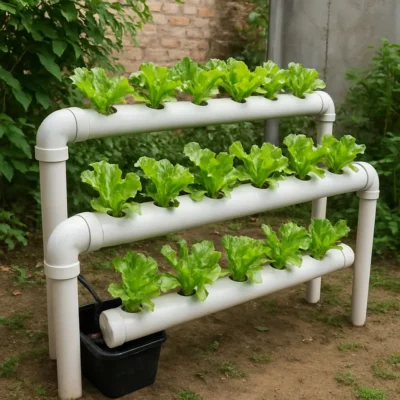 Sistema hidropônico caseiro com plantas crescendo em canos de PVC