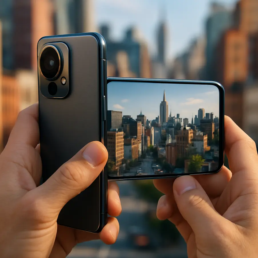 Smartphone moderno capturando uma paisagem urbana vibrante.