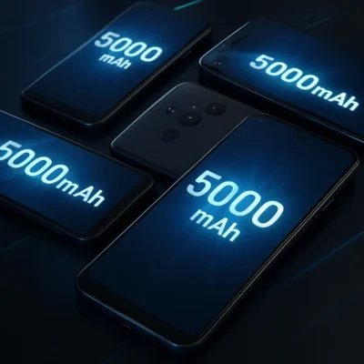 Exibição de smartphones Android com baterias poderosas e especificações em destaque. Smartphone Android Bateria 5000mAh