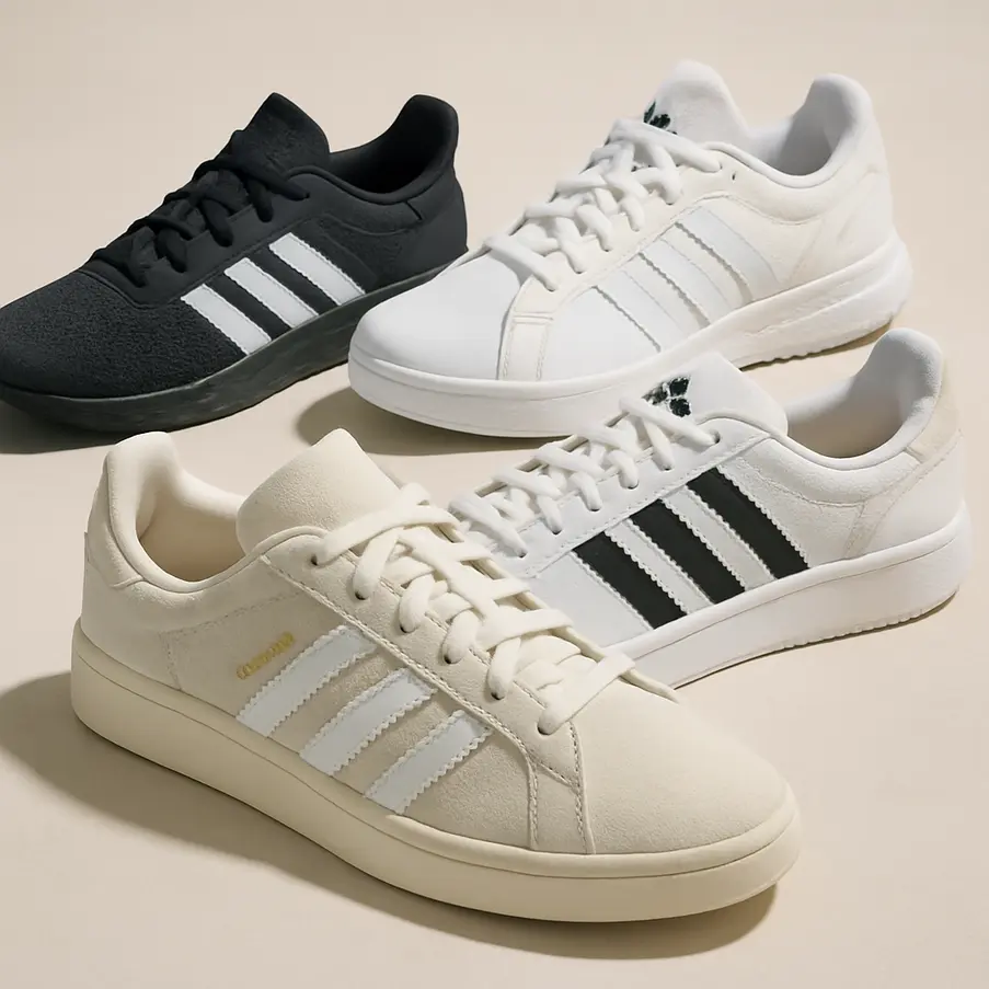 Vários modelos de Tenis Adidas exibidos sob uma iluminação suave.