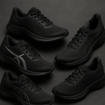 Vários modelos de tênis de corrida femininos pretos. Tênis esportivo corrida feminino preto