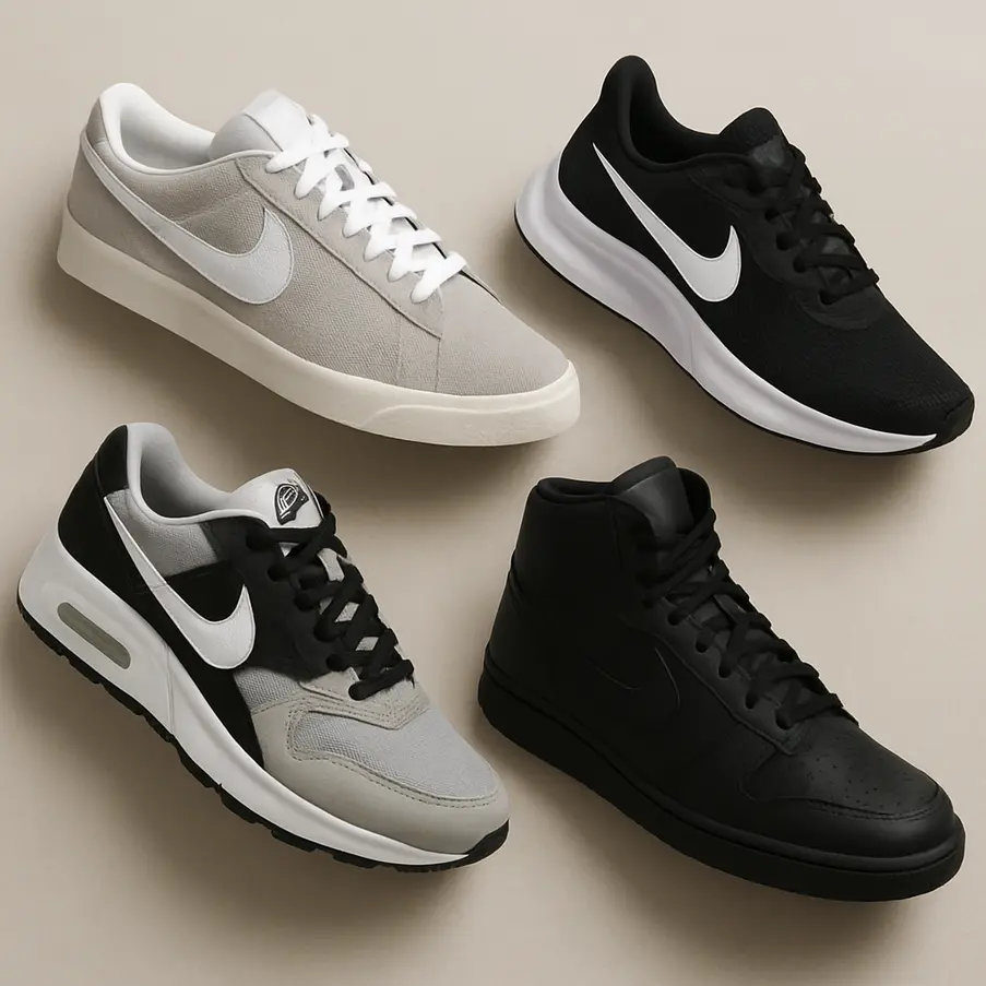 Vários modelos de tenis Nike masculinos sobre um fundo neutro, exibindo diversidade de estilos disponíveis.