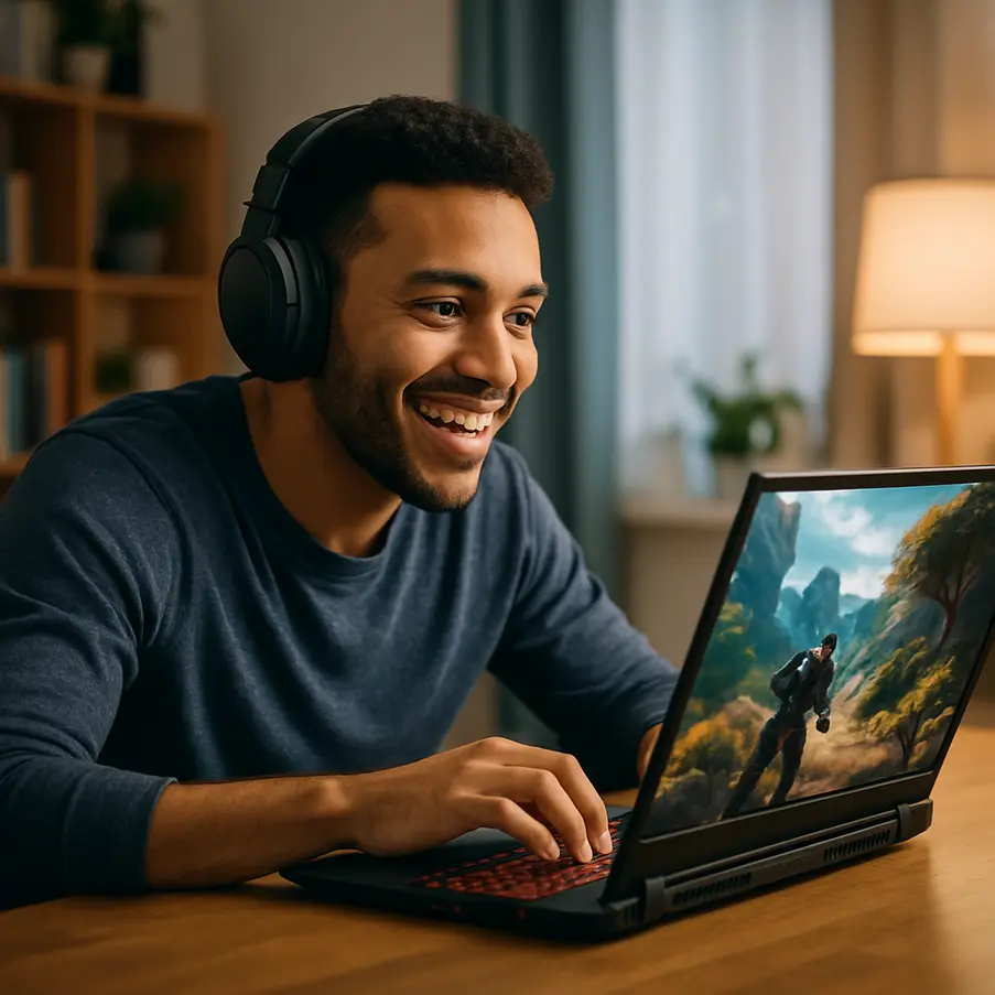 Gamer jogando em um notebook com gráficos impressionantes. Notebook Gamer Barato 2025