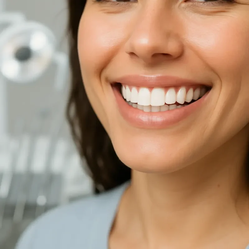 Sorriso saudável com fundo de equipamentos odontológicos. Clareador Dental