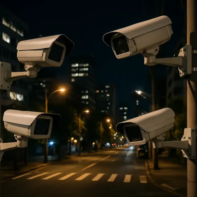 Câmeras de segurança instaladas em um cenário urbano à noite, mostrando vigilância contínua.