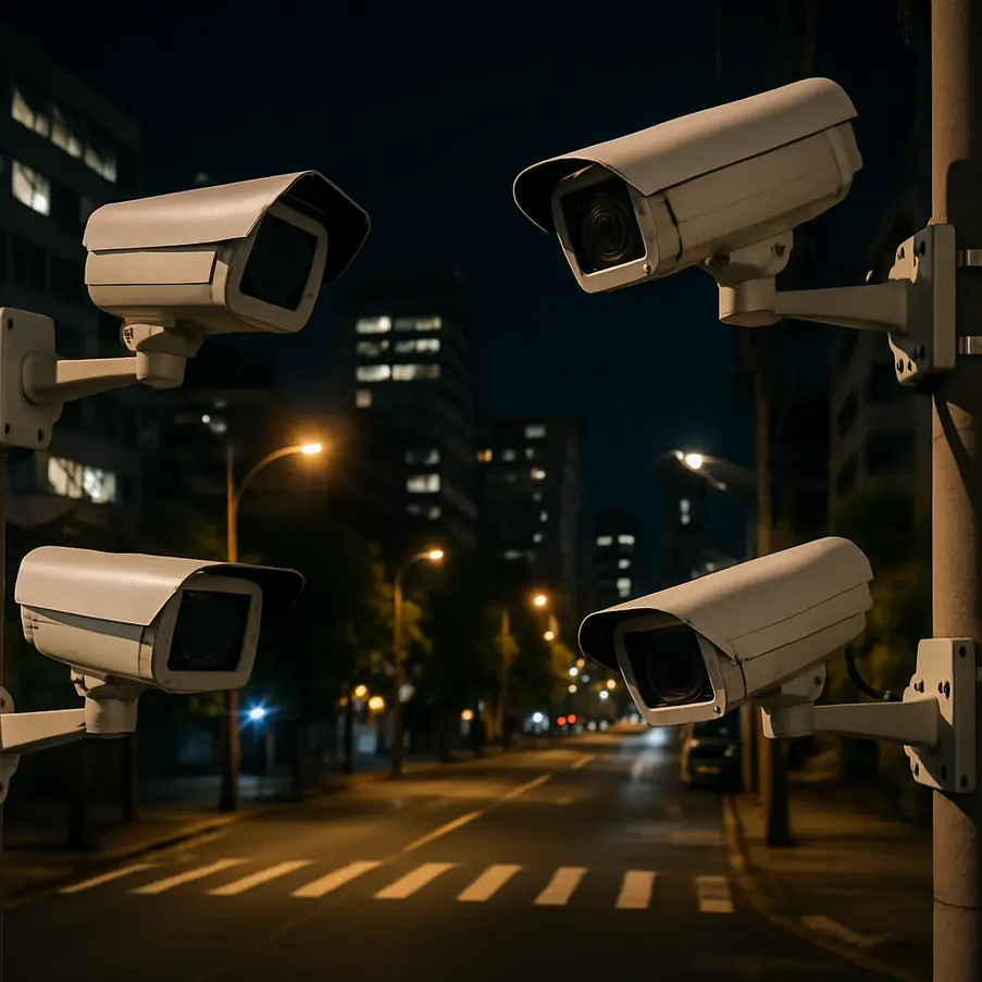 Câmeras de segurança instaladas em um cenário urbano à noite, mostrando vigilância contínua.