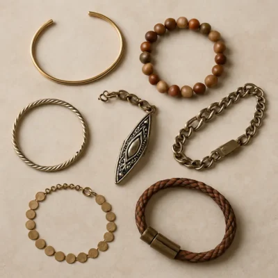 Várias pulseiras de designs diferentes sobre uma superfície bem decorada.