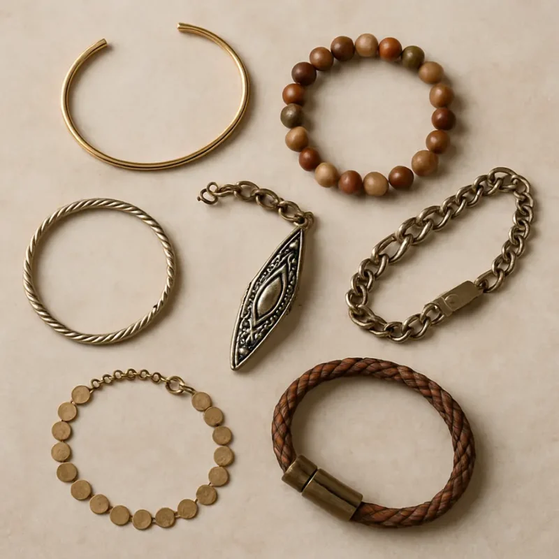 Várias pulseiras de designs diferentes sobre uma superfície bem decorada.
