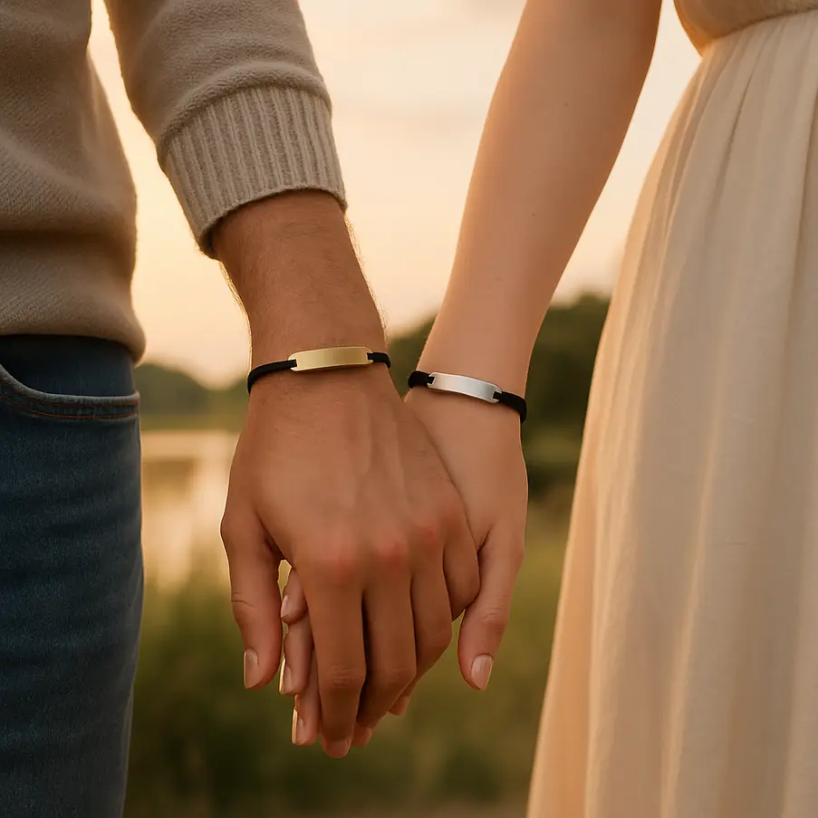 Casal romântico usando pulseiras combinando em um cenário natural. Pulseira Para Casal
