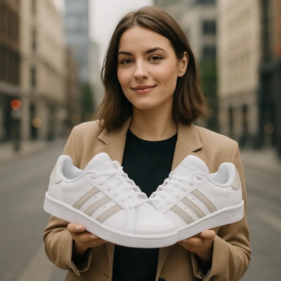 Mulher segurando Tenis Adidas Feminino em um ambiente urbano com um sorriso.