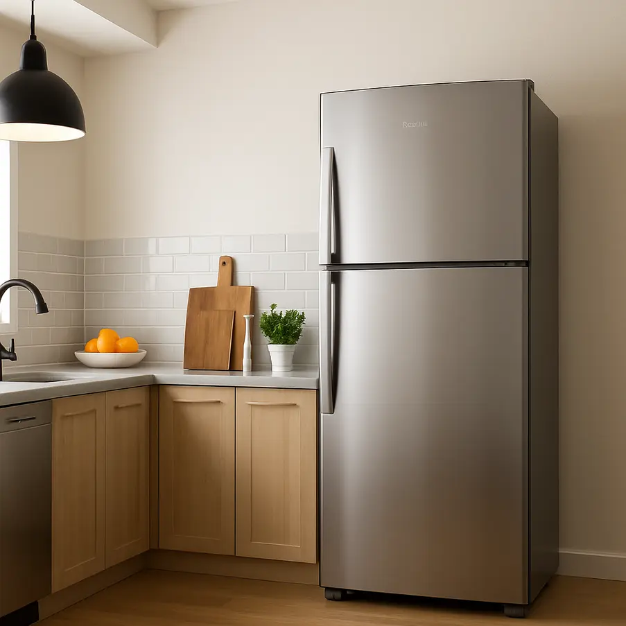 Interior de cozinha moderna com geladeira frost free ao fundo.