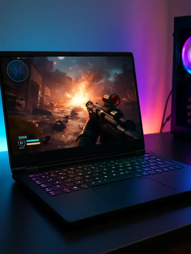 Um notebook gamer com luzes RGB em uma mesa moderna. Notebook Gamer 8GB RAM SSD 256GB