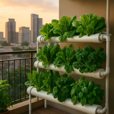 Varanda com sistema hidropônico e vista de uma cidade ao entardecer.