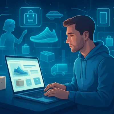 Integração entre clientes, produtos e plataformas online simbolizando dropshipping. dropshiping. Drophping