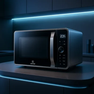 Cenário de cozinha futurista com micro-ondas Electrolux 2025 ao centro. Melhor micro-ondas 2025 Electrolux