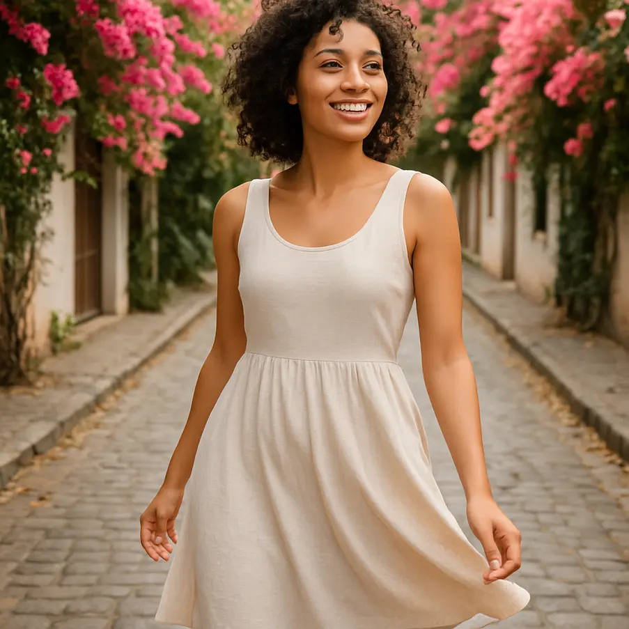 Mulher caminhando em uma rua florida, vestindo um vestido casual de algodão. Vestido feminino casual verão algodão