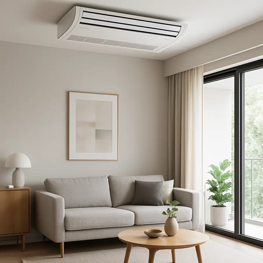 Sala de estar moderna com ar condicionado piso teto instalado.
