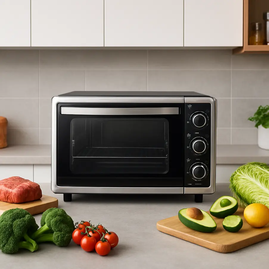 Forno elétrico de bancada em destaque na cozinha moderna.