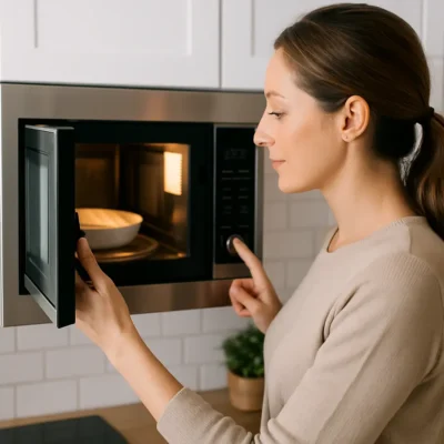 Pessoa utilizando um forno micro-ondas moderno dentro de uma cozinha iluminada. Forno Micro Ondas