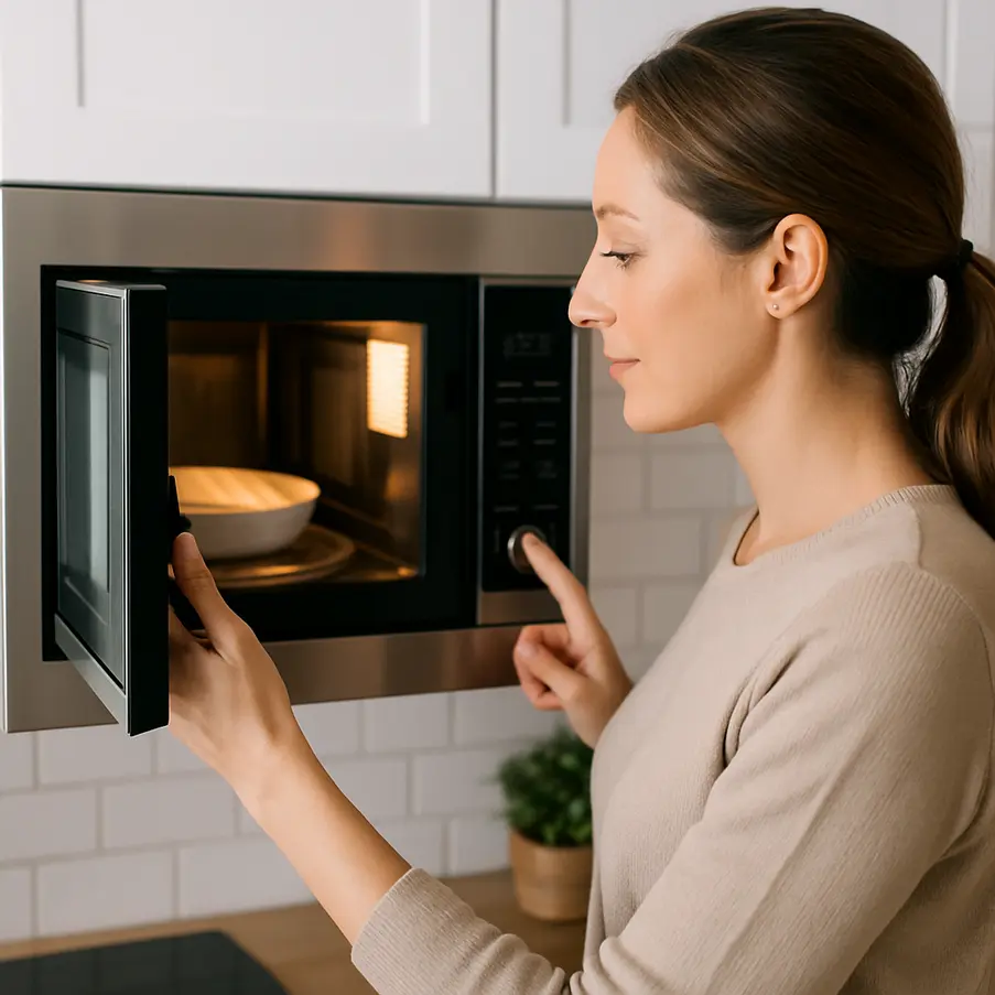 Pessoa utilizando um forno micro-ondas moderno dentro de uma cozinha iluminada.