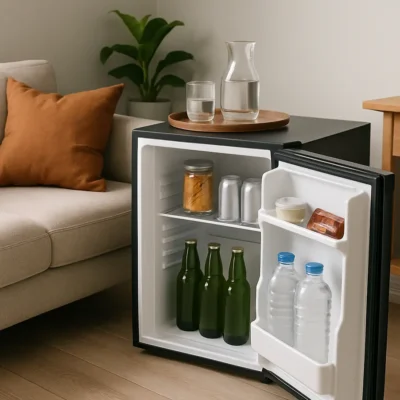 Frigobar estiloso e compacto em uma sala de estar moderna.