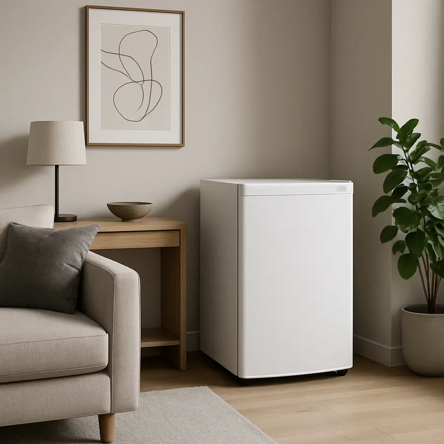 Frigobar frost free em uma sala de estar com design minimalista.