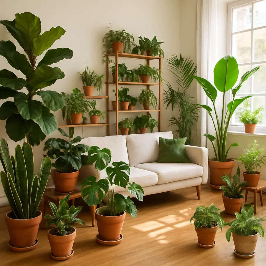Interior de uma casa decorado com diversas plantas, grandes e pequenas. Loja Online Plantas