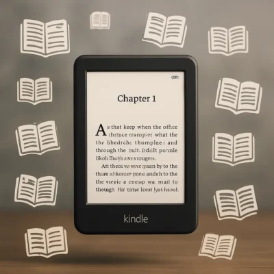 Imagem ilustrativa de um Kindle 16GB cercado por ícones de livros digitais flutuando. Kindle 16GB Cabe Quantos Livros