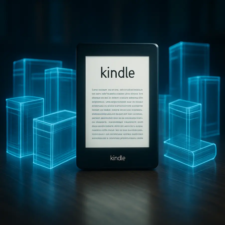 Um Kindle cercado por projeções holográficas de livros digitais.
