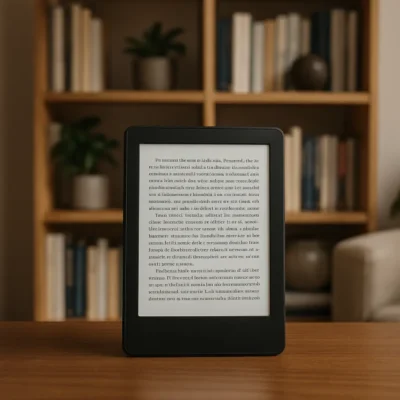 Kindle colocado em uma estante de livros em uma biblioteca doméstica moderna.