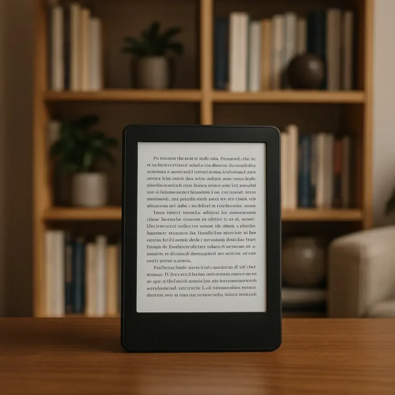 Kindle colocado em uma estante de livros em uma biblioteca doméstica moderna.
