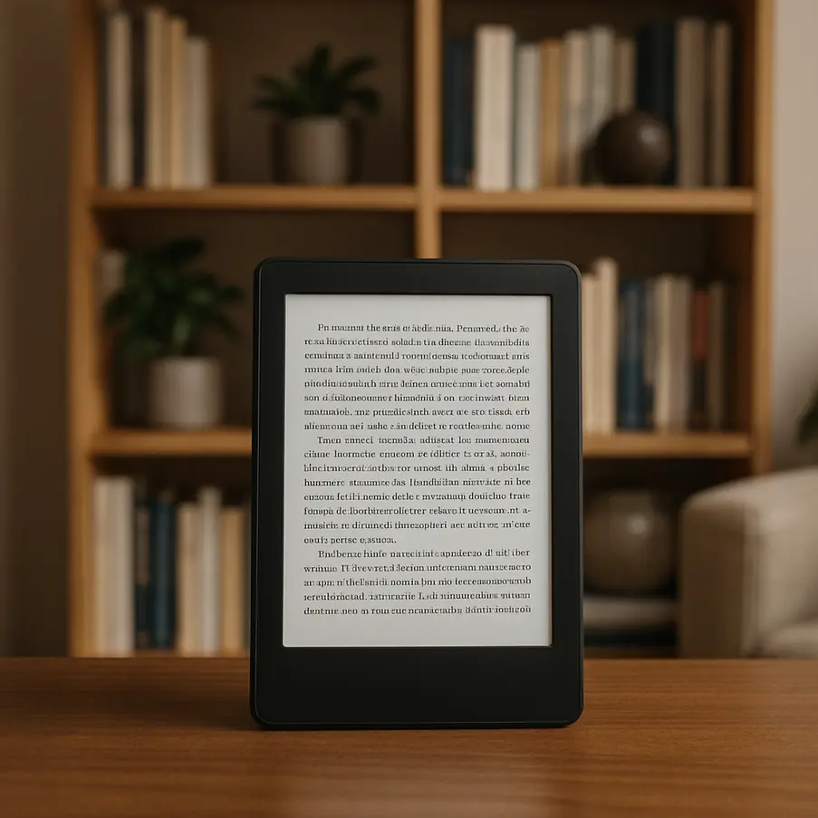 Kindle colocado em uma estante de livros em uma biblioteca doméstica moderna.
