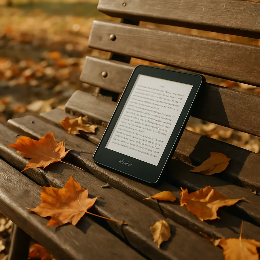Um Kindle Paperwhite em um banco de parque iluminado pelo sol, cercado por folhas de outono, simbolizando a leitura em movimento.